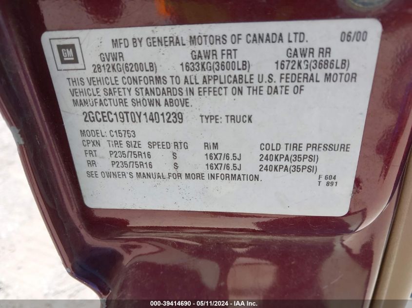 2000 Chevrolet Silverado 1500 Ls VIN: 2GCEC19T0Y1401239 Lot: 39414690