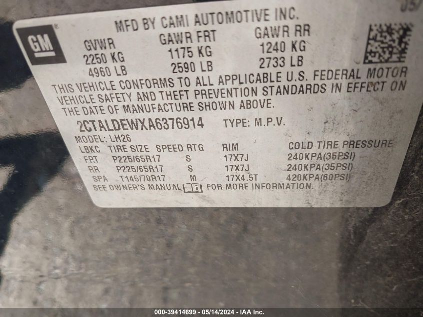 2010 GMC Terrain Sle-2 VIN: 2CTALDEWXA6376914 Lot: 39414699