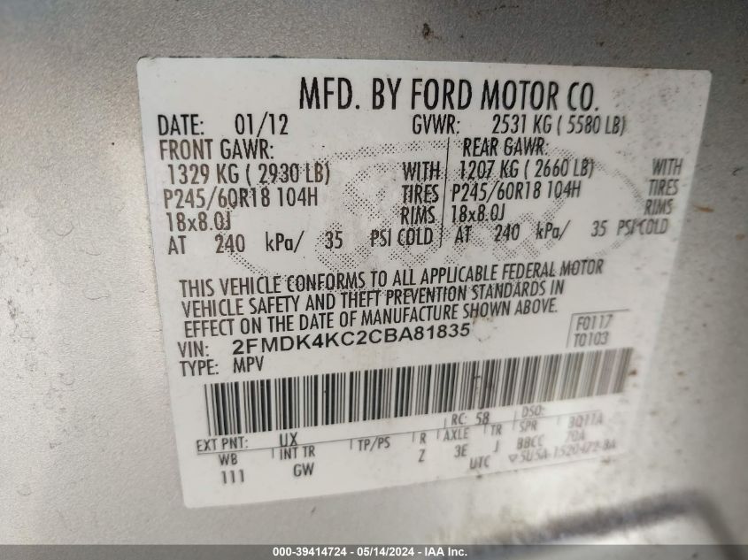 2012 Ford Edge Limited VIN: 2FMDK4KC2CBA81835 Lot: 39414724