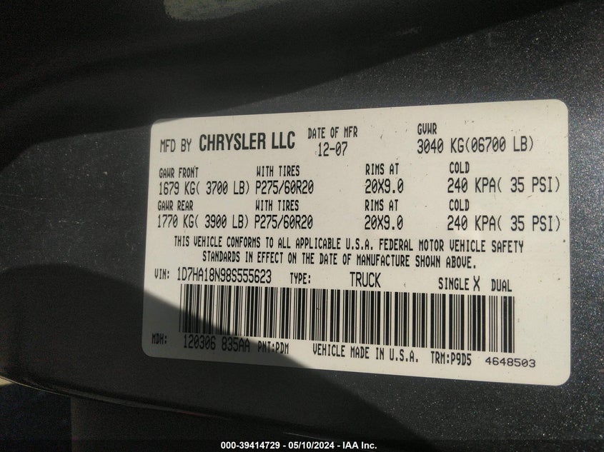 2008 Dodge Ram 1500 Slt VIN: 1D7HA18N98S555623 Lot: 39414729