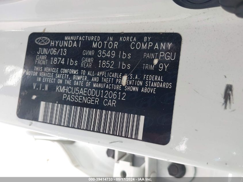 2013 Hyundai Accent Se VIN: KMHCU5AE0DU120612 Lot: 39414733