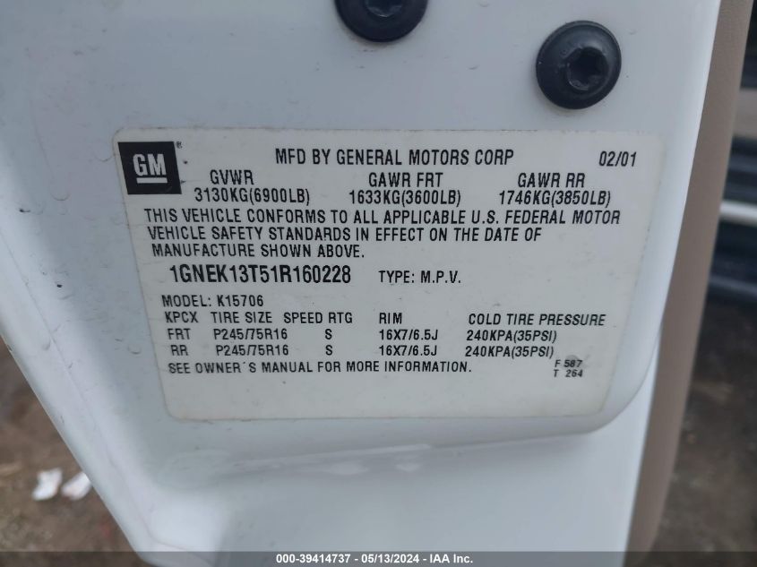 2001 Chevrolet Tahoe Ls VIN: 1GNEK13T51R160228 Lot: 39414737
