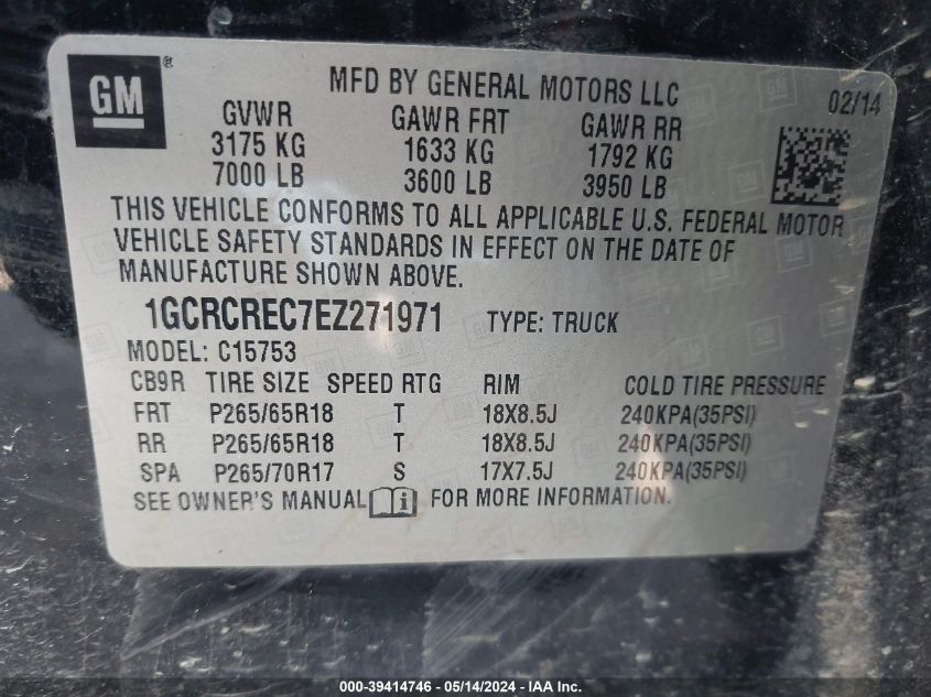 2014 Chevrolet Silverado 1500 1Lt VIN: 1GCRCREC7EZ271971 Lot: 39414746