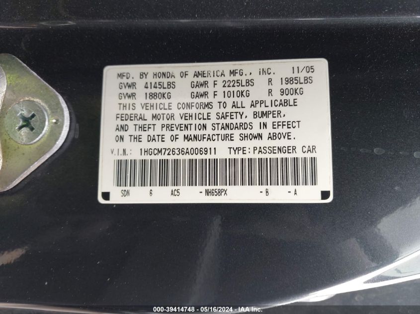 2006 Honda Accord 2.4 Ex VIN: 1HGCM72636A006911 Lot: 39414748