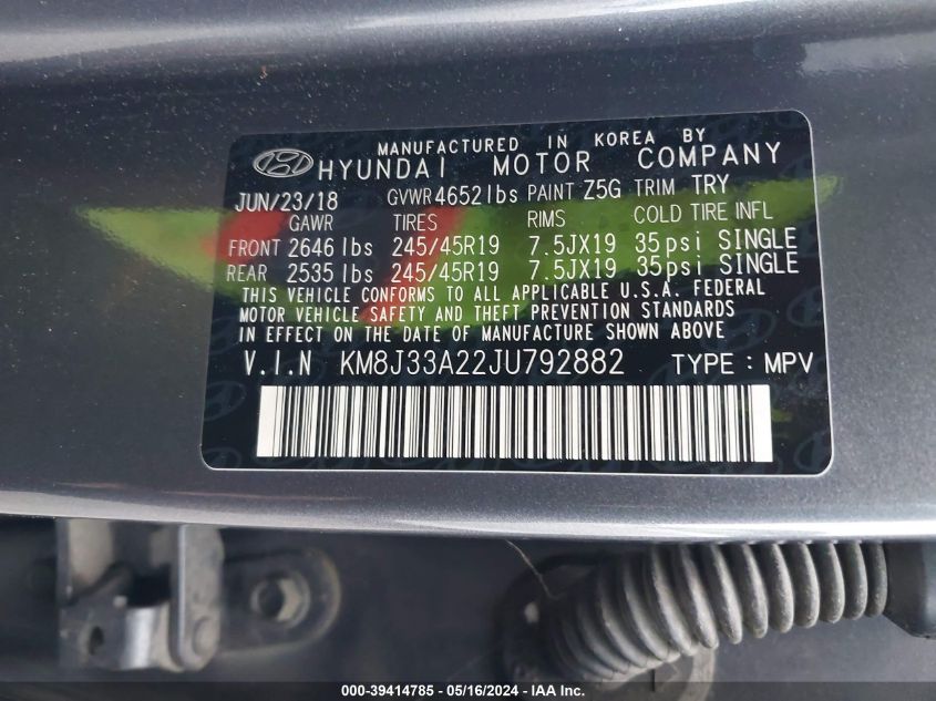 2018 Hyundai Tucson Limited VIN: KM8J33A22JU792882 Lot: 39414785