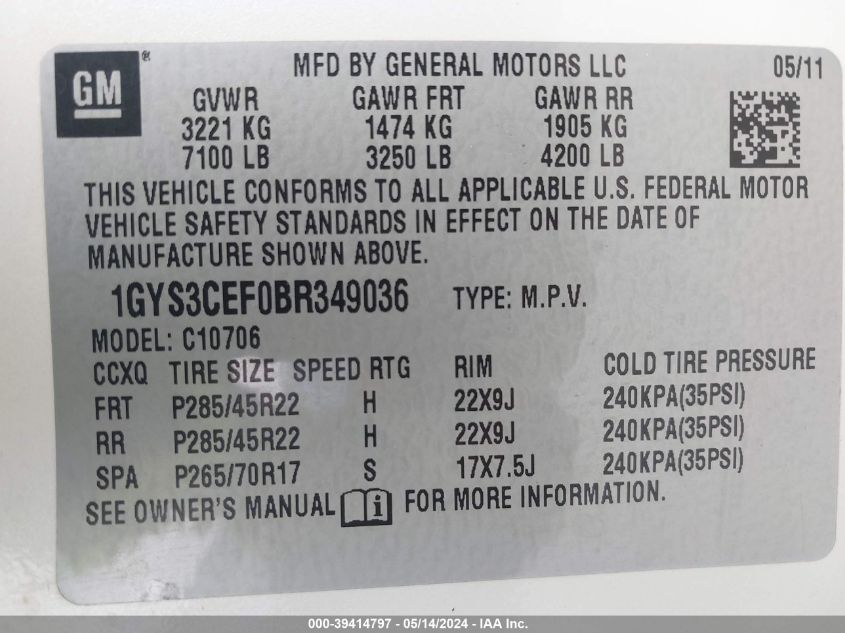 2011 Cadillac Escalade Premium VIN: 1GYS3CEF0BR349036 Lot: 39414797