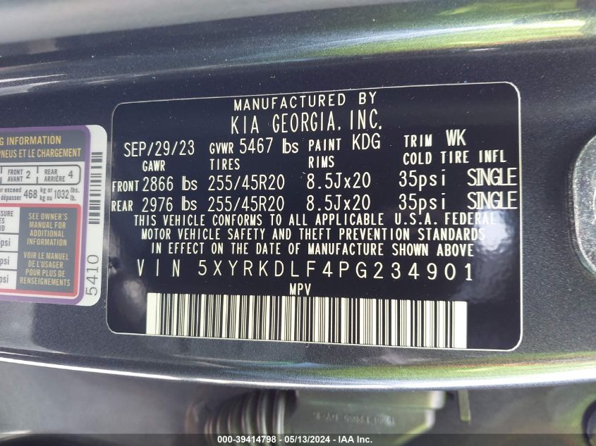 2023 Kia Sorento Sx VIN: 5XYRKDLF4PG234901 Lot: 39414798