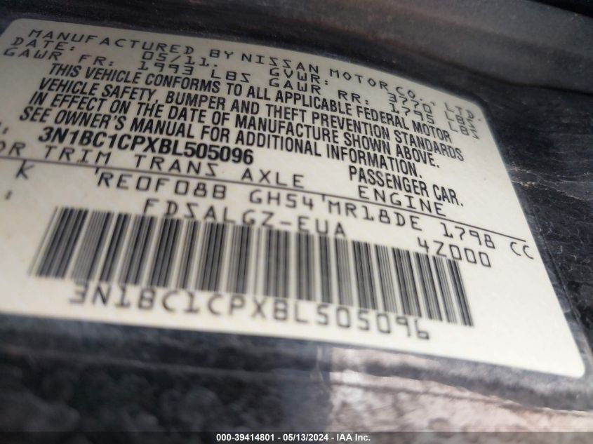 2011 Nissan Versa 1.8Sl VIN: 3N1BC1CPXBL505096 Lot: 39414801