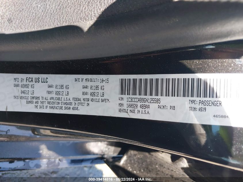 2016 Chrysler 200 Limited VIN: 1C3CCCAB9GN125585 Lot: 39414816