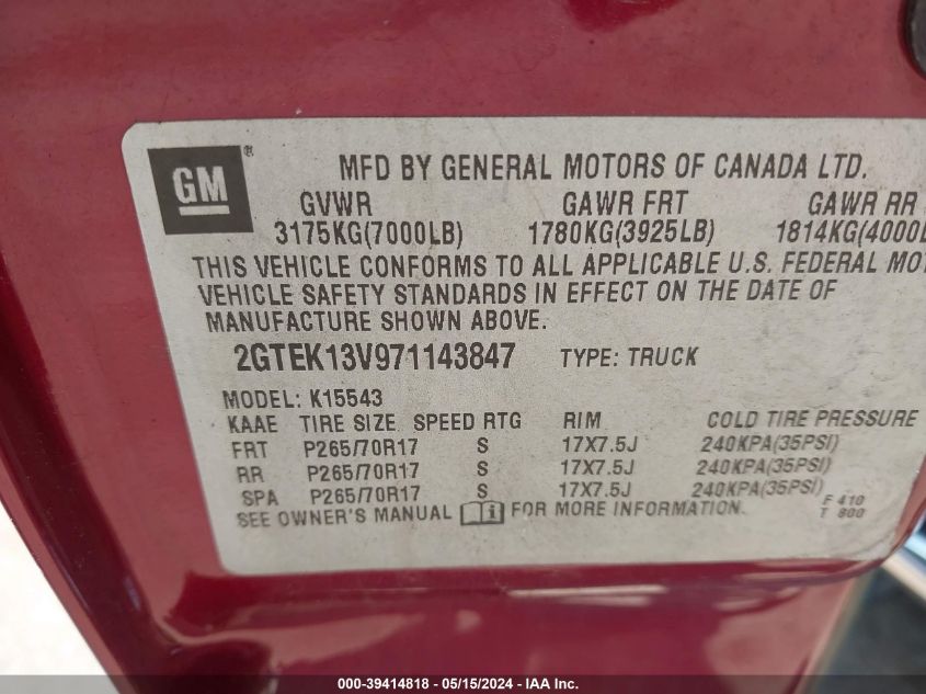 2007 GMC Sierra 1500 Classic Sl VIN: 2GTEK13V971143847 Lot: 39414818