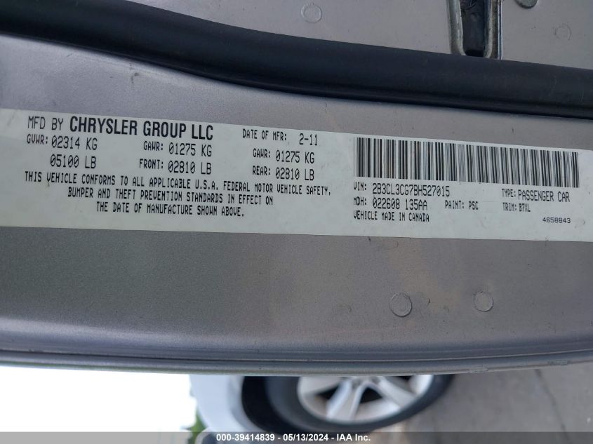 2011 Dodge Charger VIN: 2B3CL3CG7BH527015 Lot: 39414839