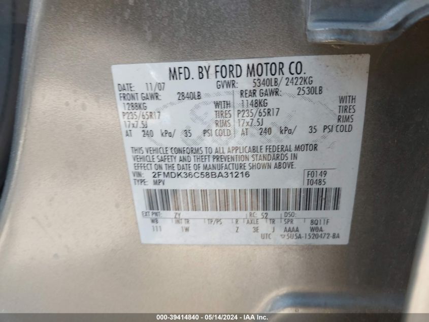 2008 Ford Edge Se VIN: 2FMDK36C58BA31216 Lot: 39414840