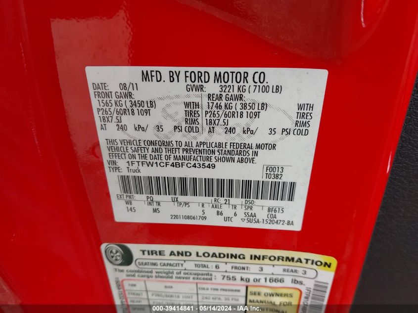 2011 Ford F-150 Xlt VIN: 1FTFW1CF4BFC43549 Lot: 39414841