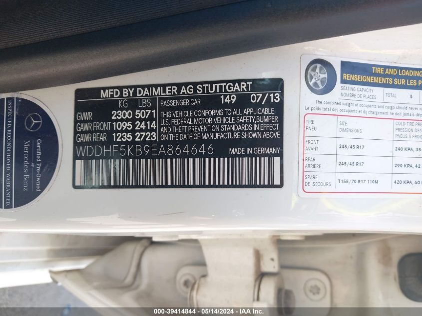 2014 Mercedes-Benz E 350 VIN: WDDHF5KB9EA864646 Lot: 39414844