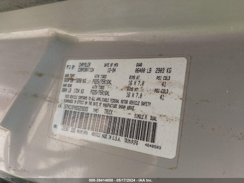 1995 Dodge Ram 1500 VIN: 1B7HC16Y0SS229265 Lot: 39414858