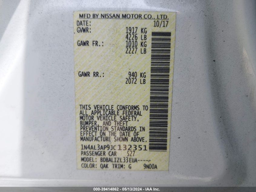 2018 Nissan Altima 2.5 Sv VIN: 1N4AL3AP9JC132351 Lot: 39414862