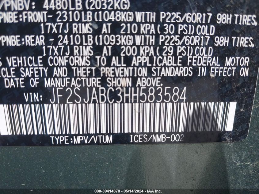 2017 Subaru Forester 2.5I VIN: JF2SJABC3HH583584 Lot: 39414878