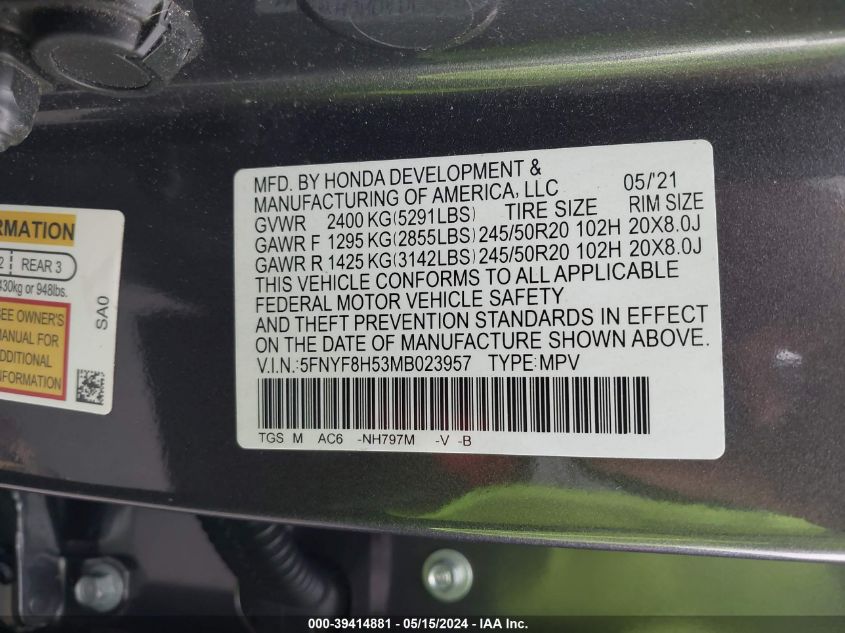 2021 Honda Passport Awd Ex-L VIN: 5FNYF8H53MB023957 Lot: 39414881