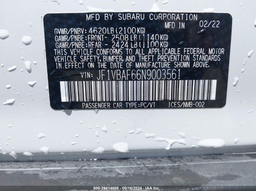 2022 Subaru Wrx Premium VIN: JF1VBAF66N9003561 Lot: 39414888