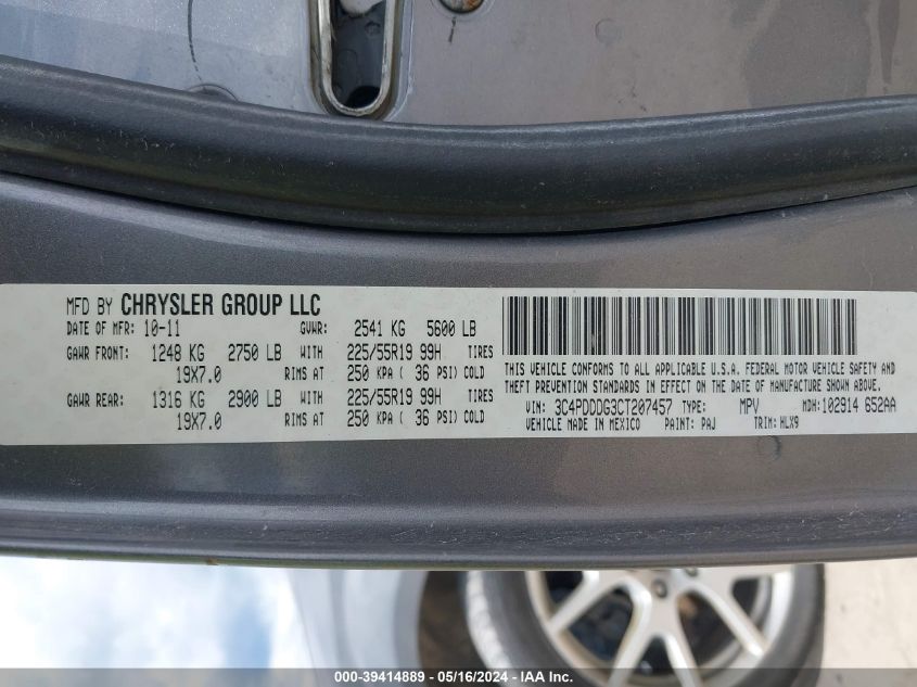 2012 Dodge Journey Crew VIN: 3C4PDDDG3CT207457 Lot: 39414889