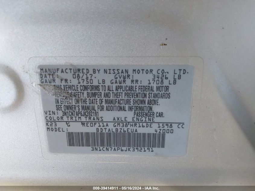 2018 Nissan Versa 1.6 Sv VIN: 3N1CN7AP6JK392191 Lot: 39414911