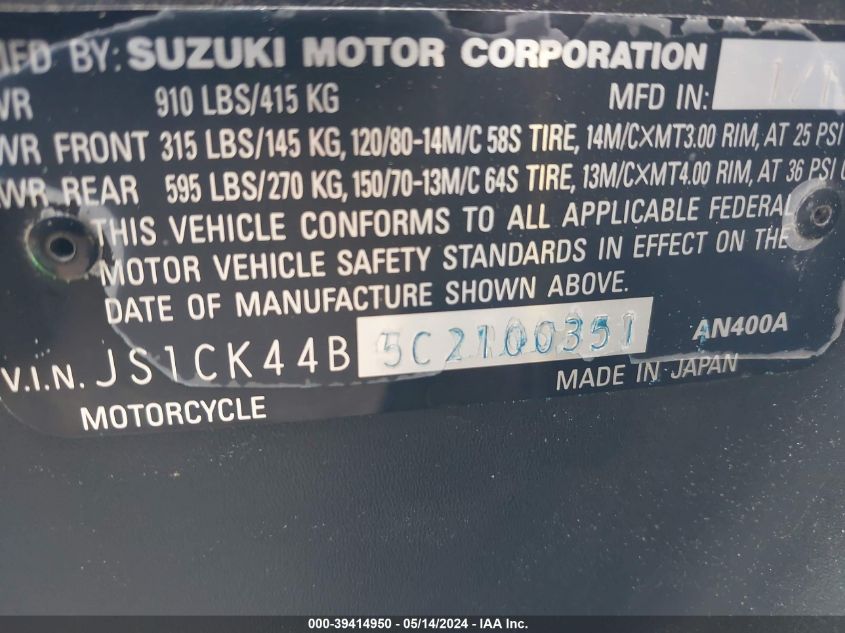 2012 Suzuki An400 A VIN: JS1CK44B5C2100351 Lot: 39414950