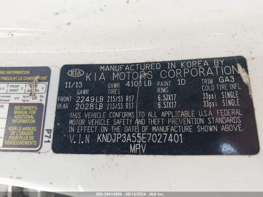 2014 Kia Soul + VIN: KNDJP3A55E7027401 Lot: 39414958