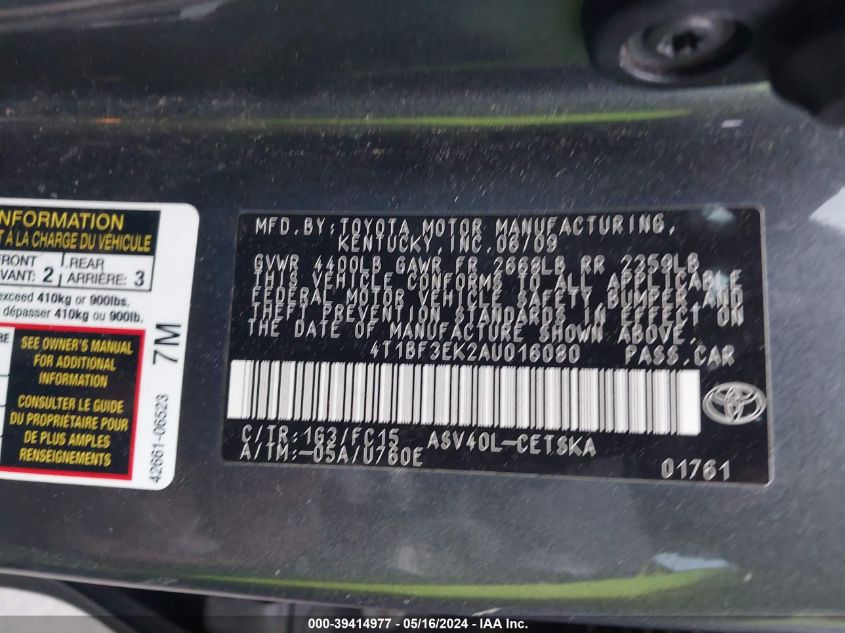 2010 Toyota Camry Se VIN: 4T1BF3EK2AU016080 Lot: 39414977