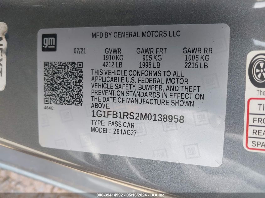 2021 Chevrolet Camaro Rwd 1Lt VIN: 1G1FB1RS2M0138958 Lot: 39414992