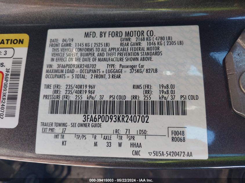 2019 Ford Fusion Titanium VIN: 3FA6P0D93KR240702 Lot: 39415003