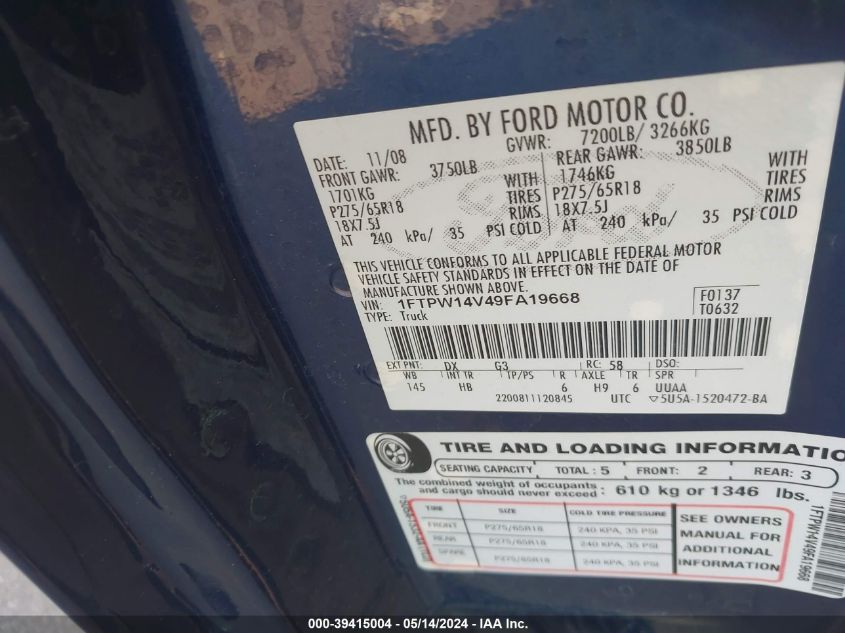 2009 Ford F-150 Fx4/King Ranch/Lariat/Platinum/Xl/Xlt VIN: 1FTPW14V49FA19668 Lot: 39415004