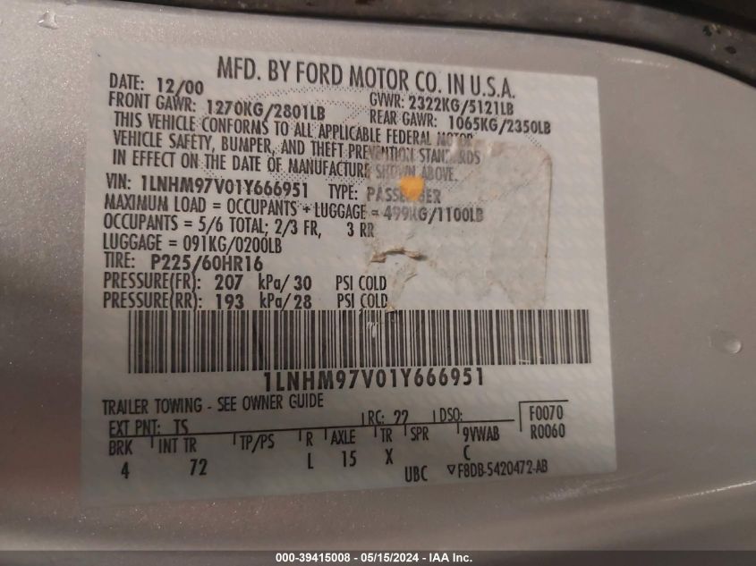 2001 Lincoln Continental VIN: 1LNHM97V01Y666951 Lot: 39415008