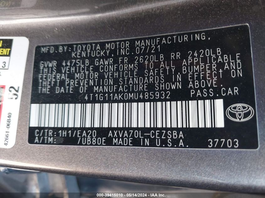 2021 Toyota Camry Se/Se Night Shade VIN: 4T1G11AK0MU485932 Lot: 39415010