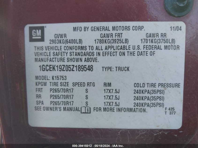 2005 Chevrolet Silverado 1500 Ls VIN: 1GCEK19Z05Z189548 Lot: 39415012