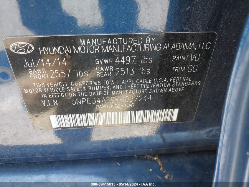 2015 Hyundai Sonata Limited VIN: 5NPE34AF9FH037244 Lot: 39415013