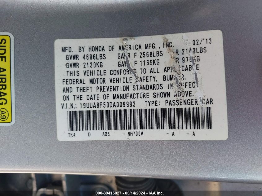 2013 Acura Tl 3.5 VIN: 19UUA8F50DA009993 Lot: 39415027