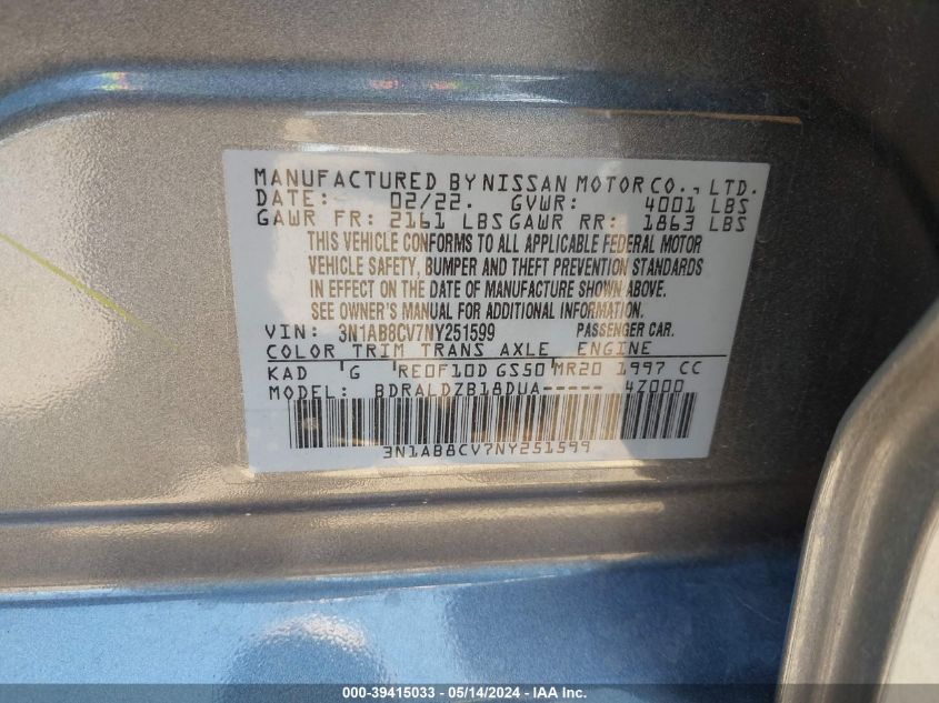 2022 Nissan Sentra Sv Xtronic Cvt VIN: 3N1AB8CV7NY251599 Lot: 39415033