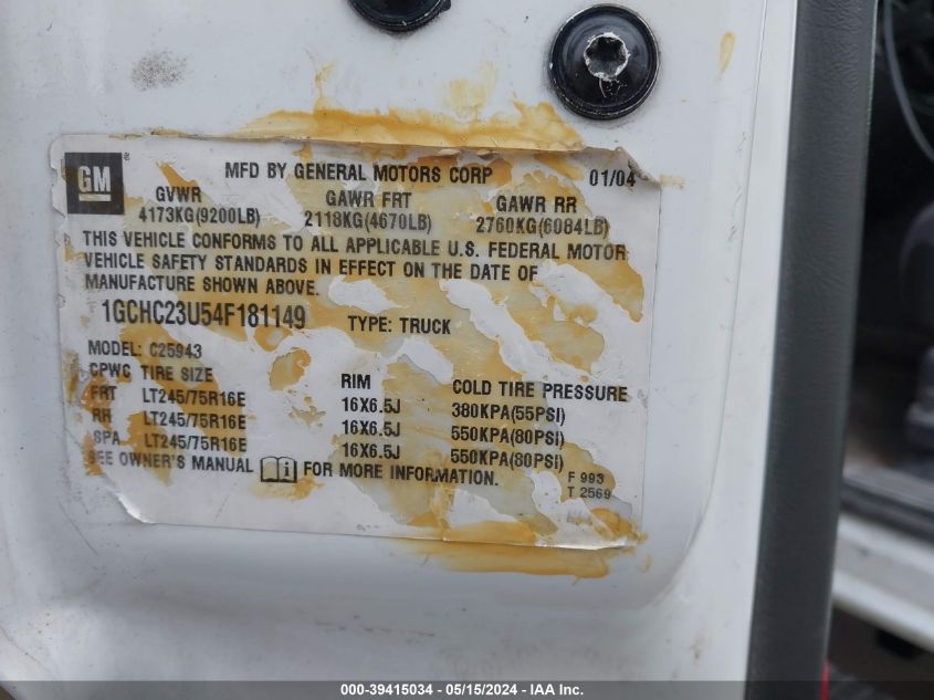 2004 Chevrolet Silverado 2500Hd Ls VIN: 1GCHC23U54F181149 Lot: 39415034