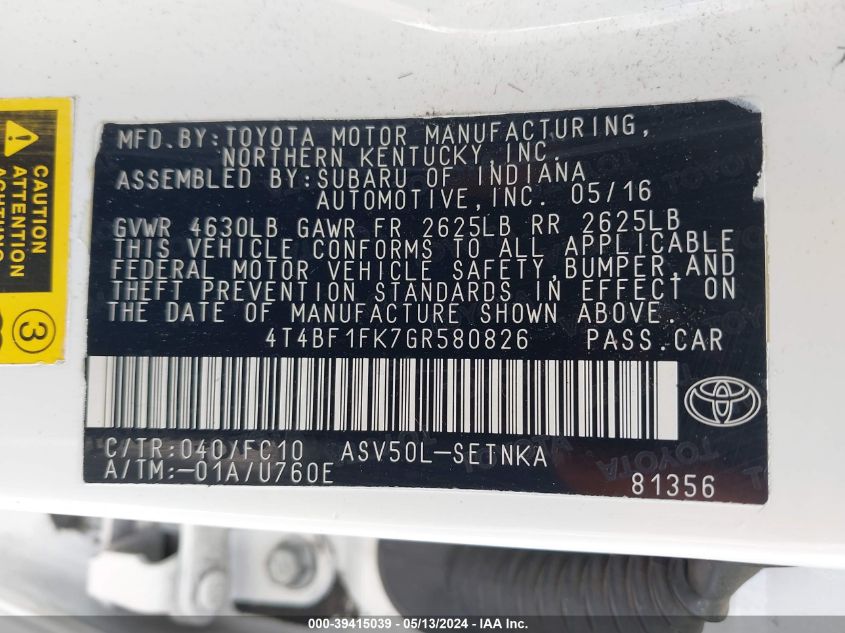 2016 Toyota Camry Le VIN: 4T4BF1FK7GR580826 Lot: 39415039