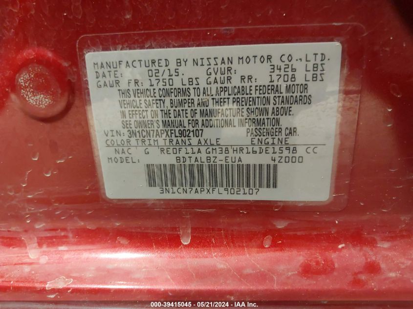 2015 Nissan Versa 1.6 Sv VIN: 3N1CN7APXFL902107 Lot: 39415045