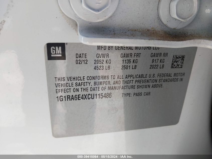 2012 Chevrolet Volt VIN: 1G1RA6E4XCU115486 Lot: 39415064