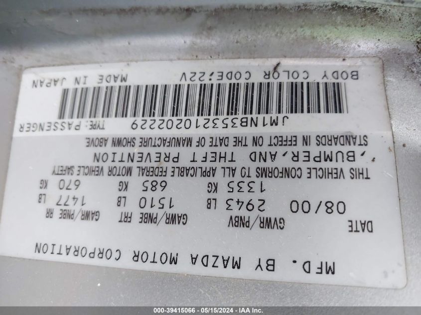 2001 Mazda Mx-5 Miata Ls/Special Edition VIN: JM1NB353210202229 Lot: 39415066