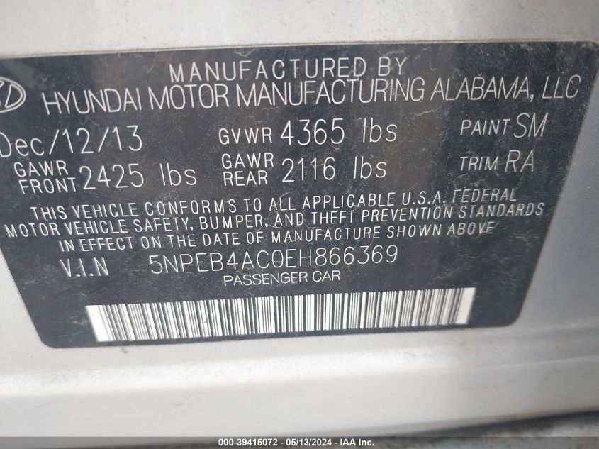 2014 HYUNDAI SONATA GLS - 5NPEB4AC0EH866369