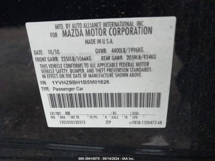 2011 Mazda Mazda6 I VIN: 1YVHZ8BH1B5M01826 Lot: 39415075