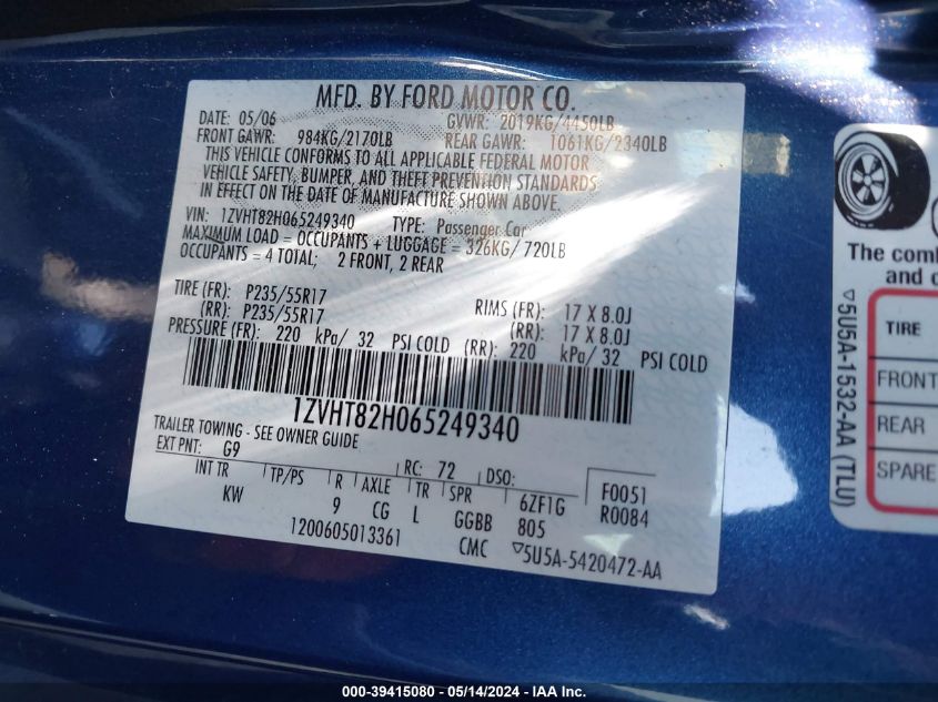 2006 Ford Mustang Gt VIN: 1ZVHT82H065249340 Lot: 39415080