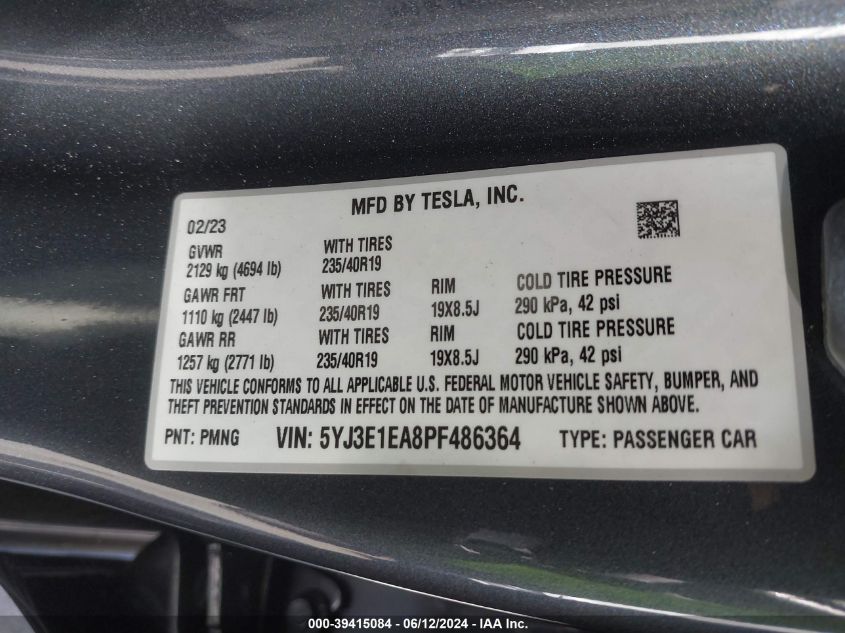 2023 Tesla Model 3 Rear-Wheel Drive VIN: 5YJ3E1EA8PF486364 Lot: 39415084