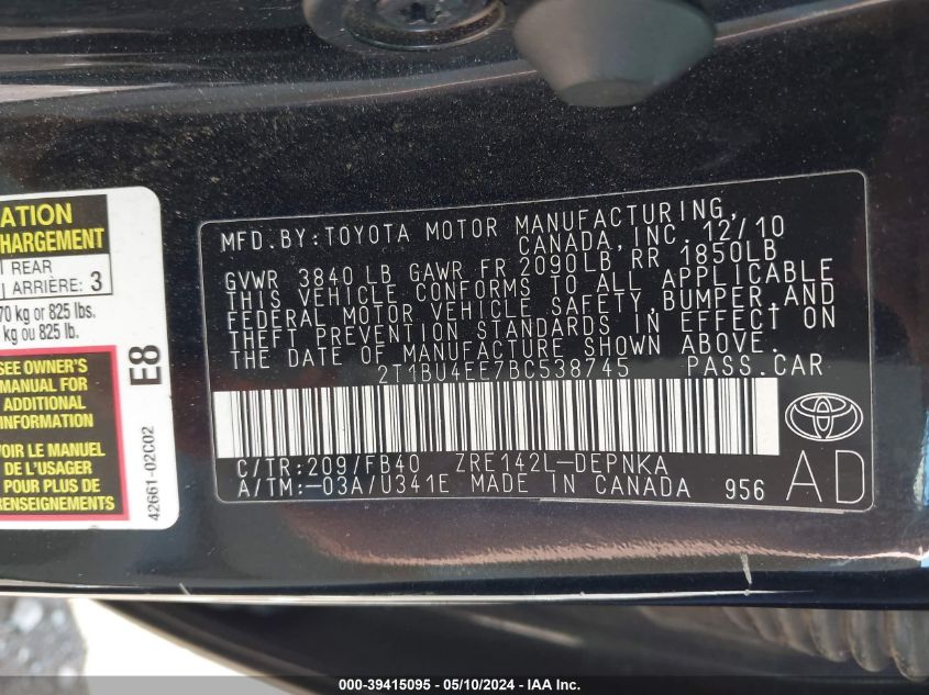 2011 Toyota Corolla Le VIN: 2T1BU4EE7BC538745 Lot: 39415095