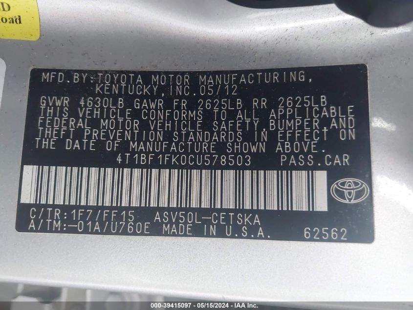 2012 Toyota Camry Se/Le/Xle VIN: 4T1BF1FK0CU578503 Lot: 39415097