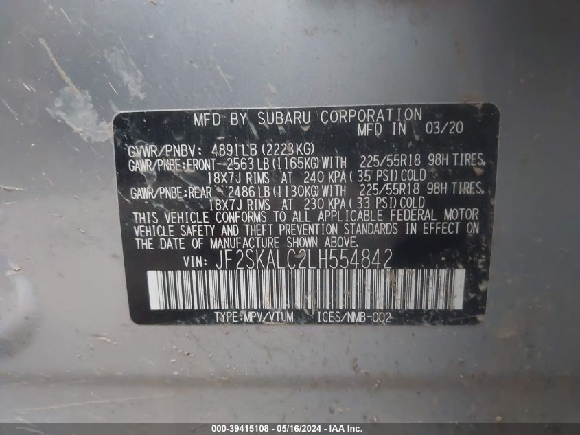 2020 Subaru Forester Sport VIN: JF2SKALC2LH554842 Lot: 39415108