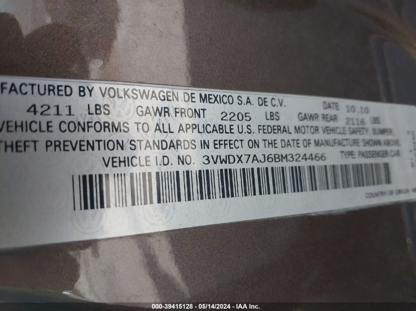 2011 Volkswagen Jetta 2.5L Se VIN: 3VWDX7AJ6BM324466 Lot: 39415128